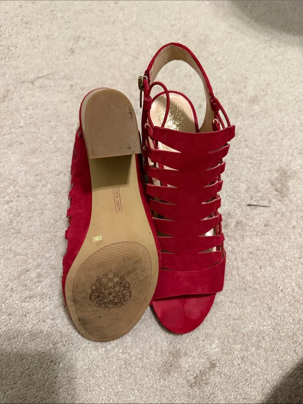 Vince Camuto Red Suede Strappy Block Heel Sandals